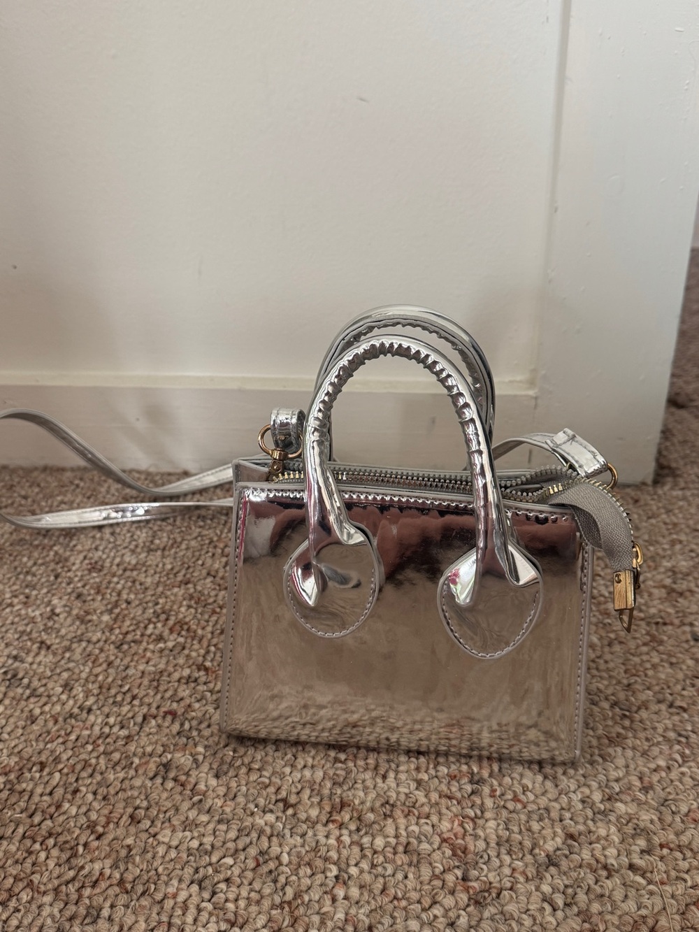 Metallic Silver Mini Satchel Crossbody Bag
